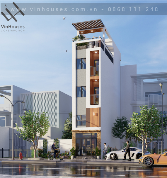 Mẫu nhà phố diện tích nhỏ 46m2 hiện đại 1 trệt 1 lửng 2 lầu 1 tum ở quận 5 Hồ Chí Minh